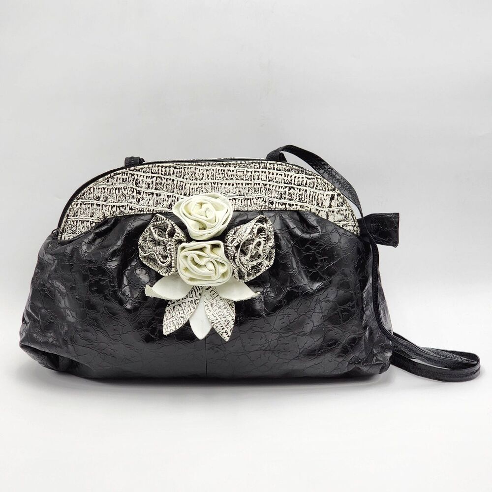 Vintage 80s Flowers Rosettes Embossed Leather Large Shoulder Bag Black White HTF